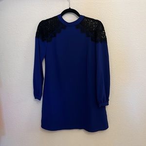 CeCe by Cynthia Steffe blue dress with clack lace detail. Size 2P.